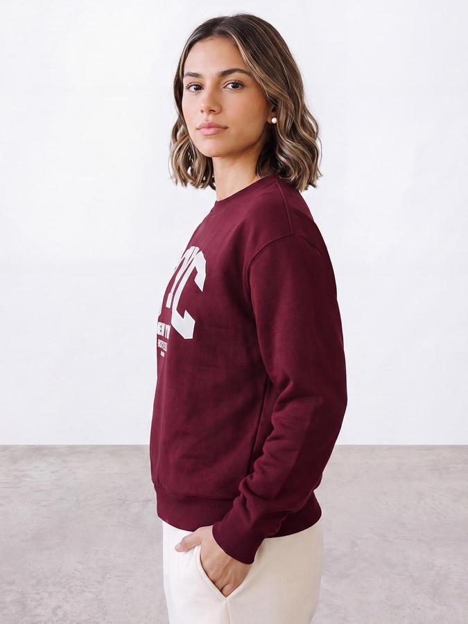 R&B Women Burgundy Varsity Typography Round Neck Long Sleeves Relaxed Fit Sweatshirt
