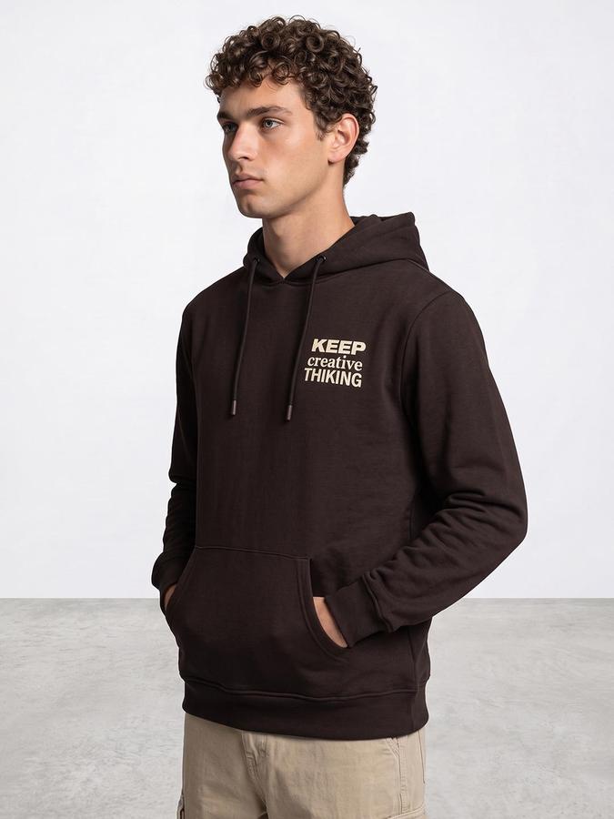 R&B Men Dark Brown Typography Print Hooded Long Sleeves Sweatshirt