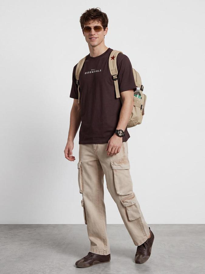 R&B Men Coffee Brown Typography Printed Pure Cotton Short Sleeves Tshirt