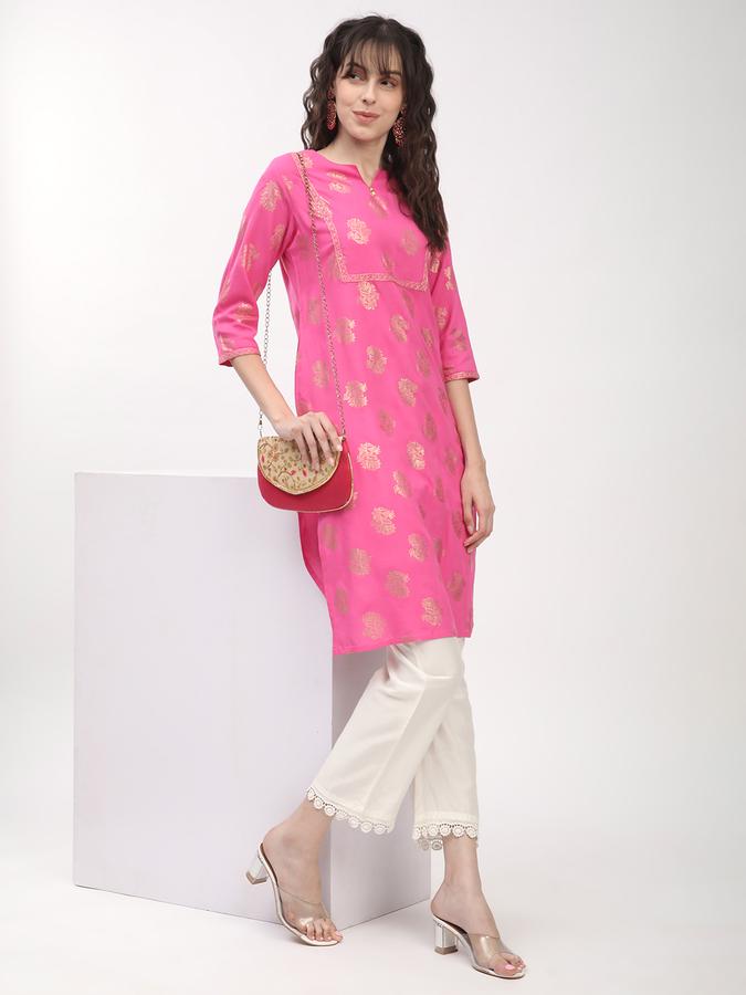 women's regular fit gold printed round neck embroidered pink festive kurta image number 1