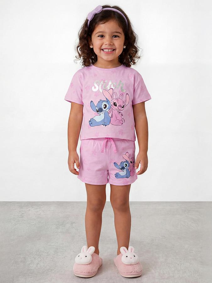R&B Girls Pink Stitch Print Short Sleeves Pure Cotton T-shirt &amp; Shorts Set