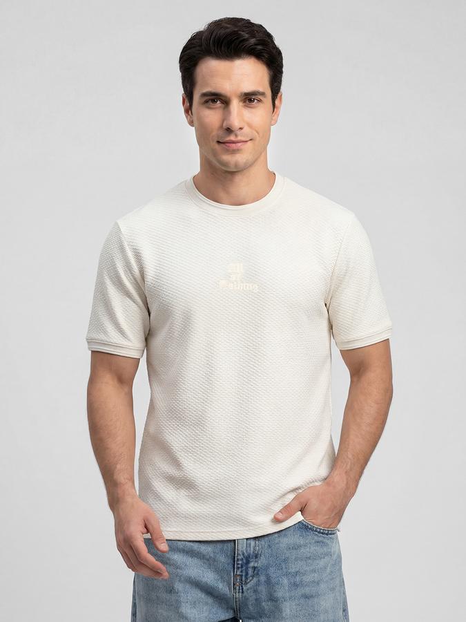 R&B White Self Design Men Round Neck Regular Fit Short Sleeves T-Shirt 