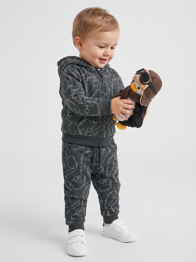 R&B Boys Long Sleeve Hooded Dinosaur Print Charcoal Hoodie and Jogger Set