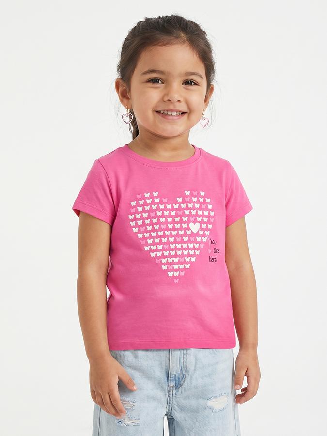 R&B Girls Pink Regular Fit Butterfly Print Short Sleeve T-shirt
