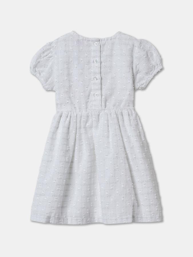 Girls Textured Puff Sleeve Round Neck Knee Length Dress