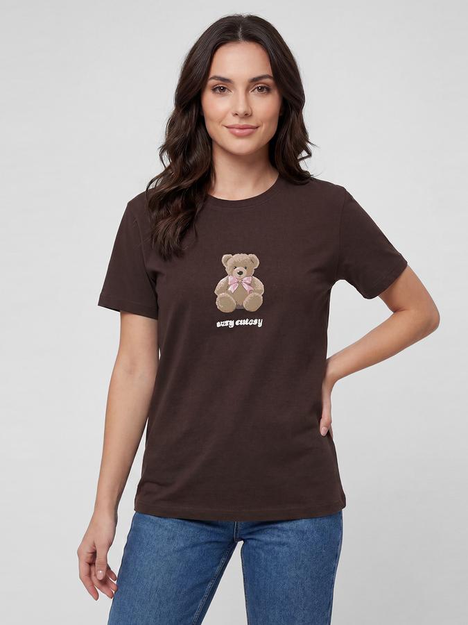 R&B Coffee Brown Graphic Print Women Round Neck Regular Fit Short Sleeves T-Shirt 