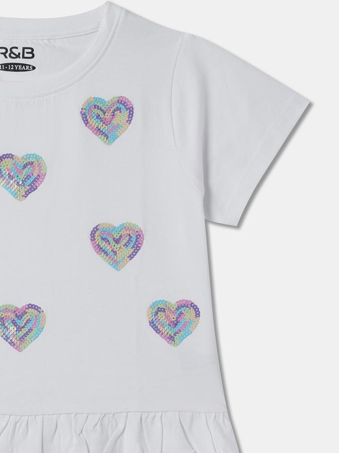 Girls Cotton Regular Fit Crew Neck Short Sleeve Embellished Top