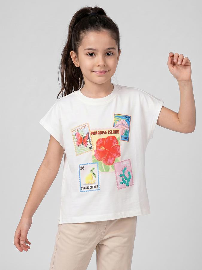R&B White Graphic Print Girls Round Neck Regular Fit Short Sleeves T-Shirt 