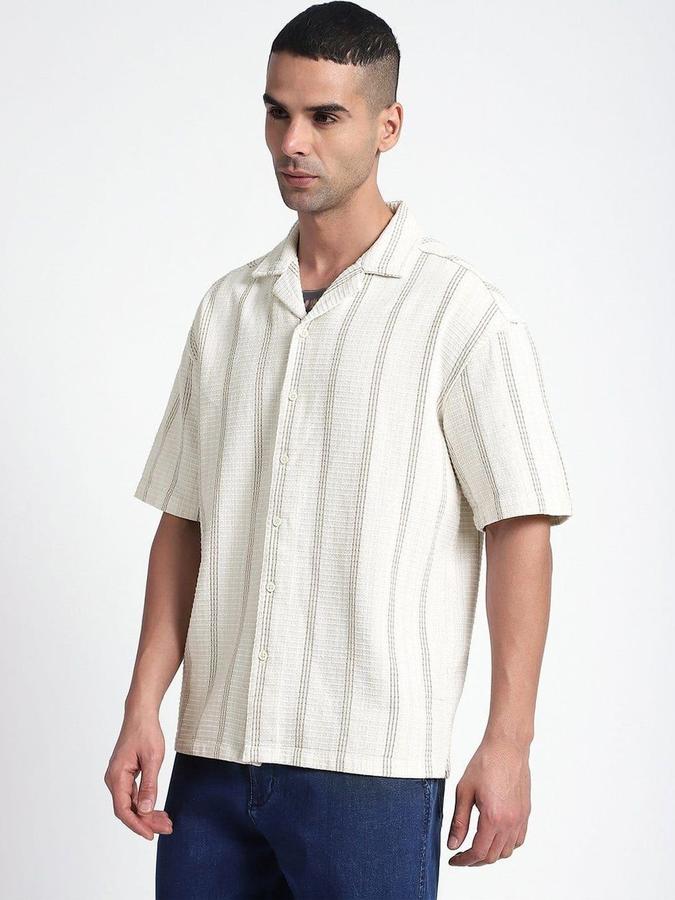 R&B Men Ivory Striped Half Sleeves Cuban Collar Shirt