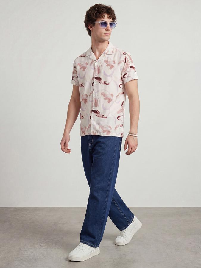 R&B Men Off-White Resort Collar Abstract Brush Print Shirt