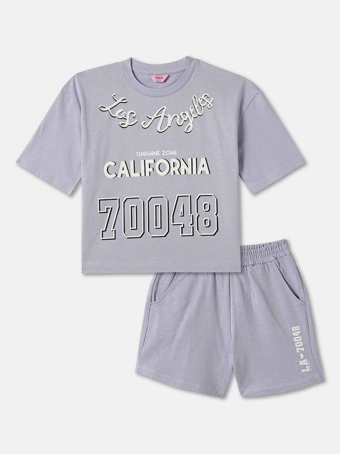 R&B Girls Purple Typography Printed Pure Cotton T-shirt With Shorts