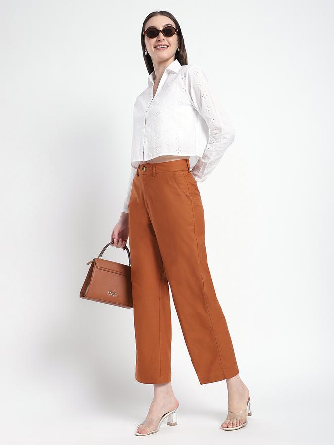 Women Cotton Straight Leg High Rise Solid Pants