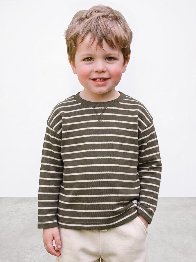 R&B Boys Green Striped Long Sleeves Round Neck T-Shirt
