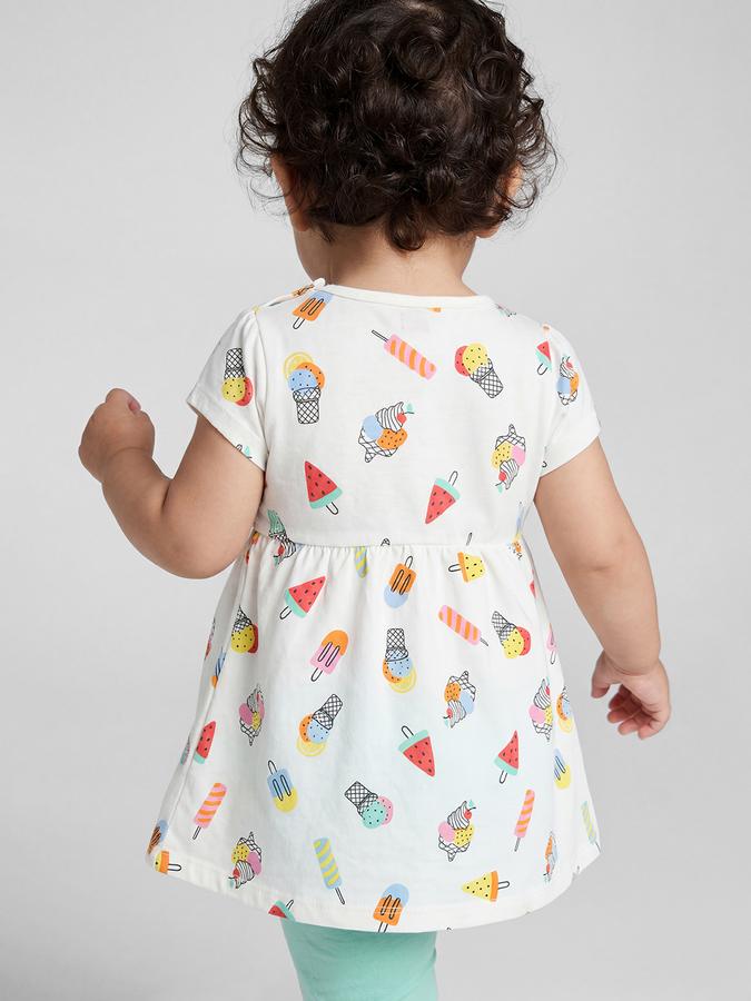 R&B White conversational Print Round Neck Short Sleeves Fit and Flare Mini Girls Dress
