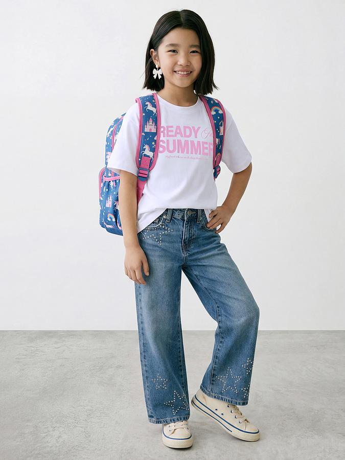 R&B Girls White Regular Fit Typography Short Sleeve T-shirt