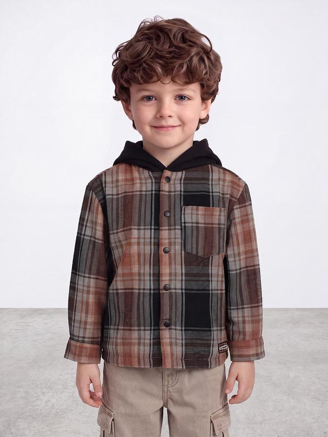 R&B Boys Multi Checked Hooded Fur Collar Long Sleeves Shirt