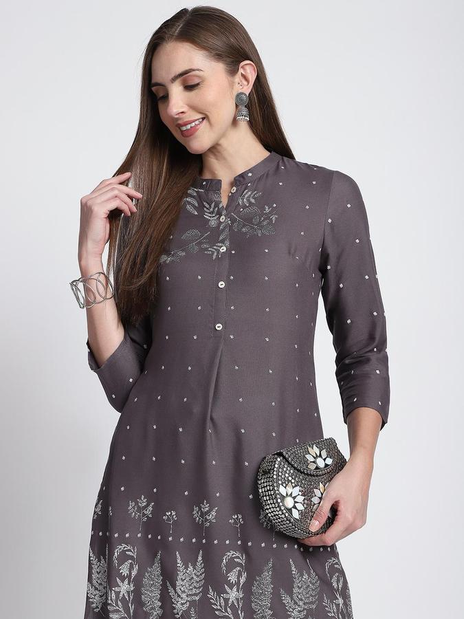 R&B Women Grey Floral Print Mandarin Collar Knee Length Pure Viscose Ethnic Kurta