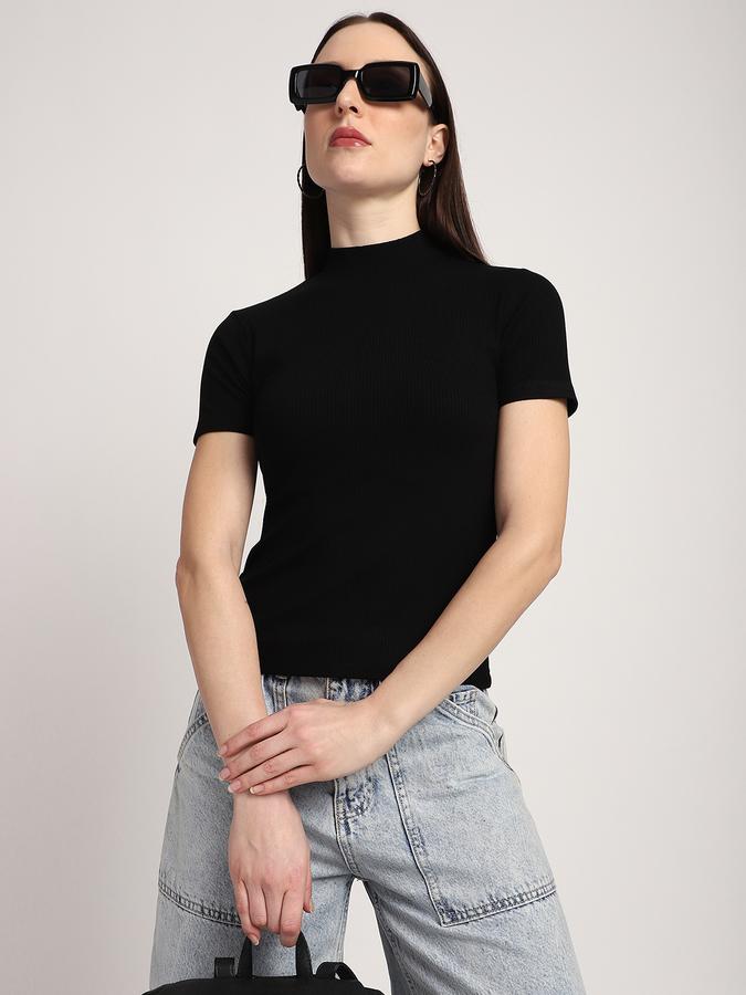 Women Cotton Slim Fit Mock Neck Ribbed Top