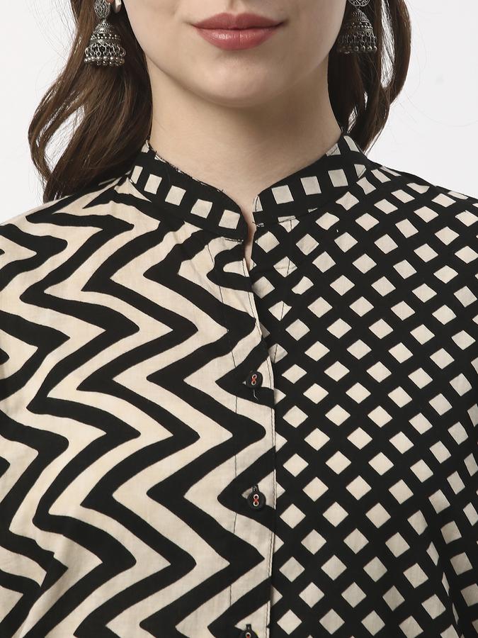 Women Cotton Regular Fit Mandarin Collar Printed Ethnic Top