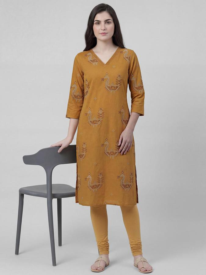 R&B Women Mustard Etnic Motifs Print V-Neck Knee Length Pure Cotton Ethnic Kurta