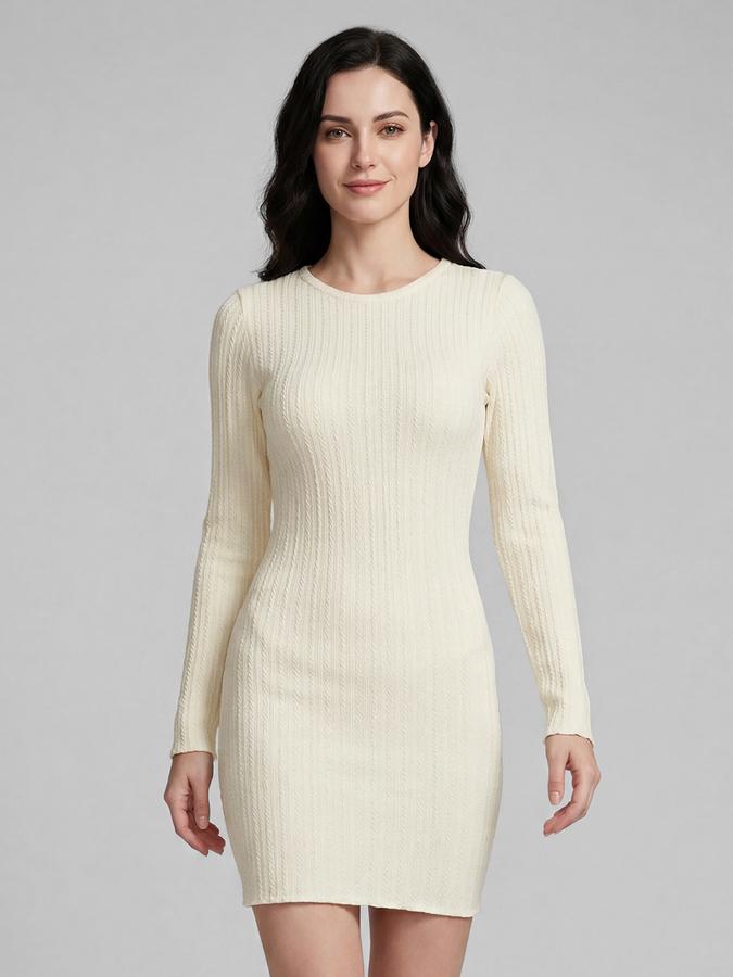 R&B Off White Self Design Round Neck Long Sleeves Bodycon Mini Women Dress