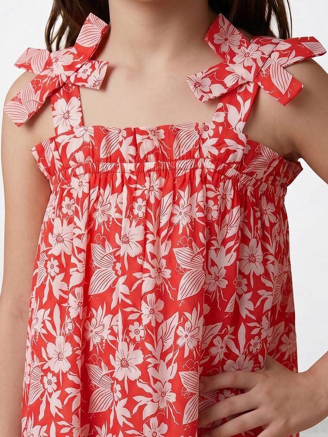 R&B Red Cotton Printed Girls Dresses