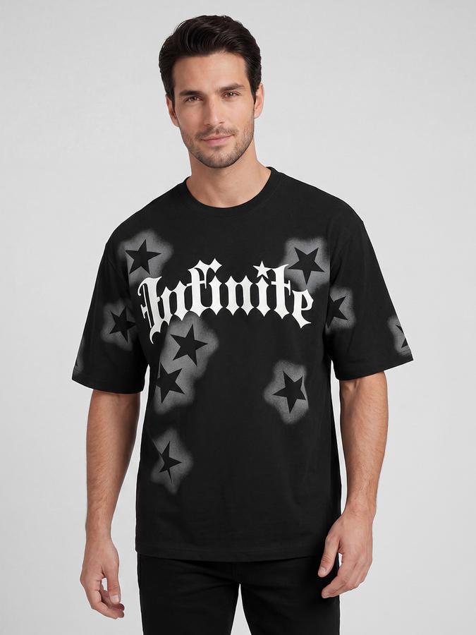 R&B Black Graphic Print Men Round Neck Relaxed Fit Short Sleeves T-Shirt 