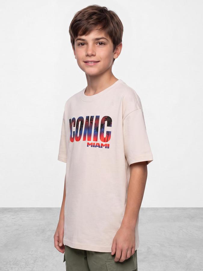 R&B Boys Cream Typography Print Short Sleeves Round Neck Pure Cotton T-Shirt