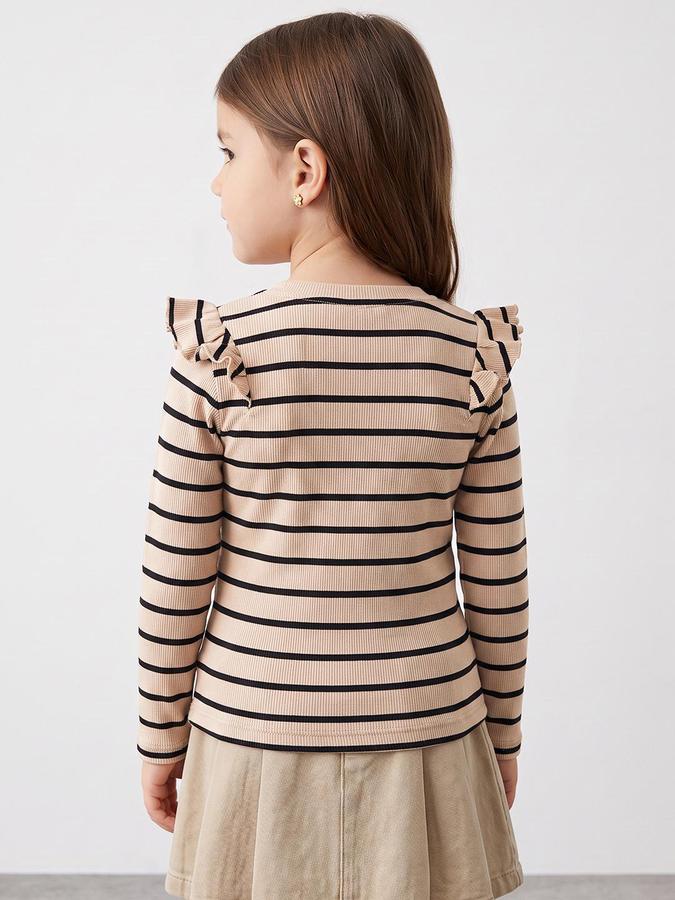 R&B Girls Beige Striped Long Sleeves Round Neck Ribbed T-Shirt