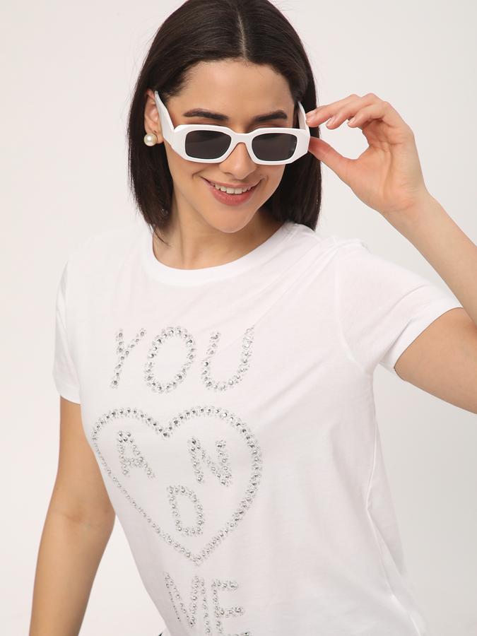 Women Cotton Regular Fit Crew Neck Embellished T-shirt