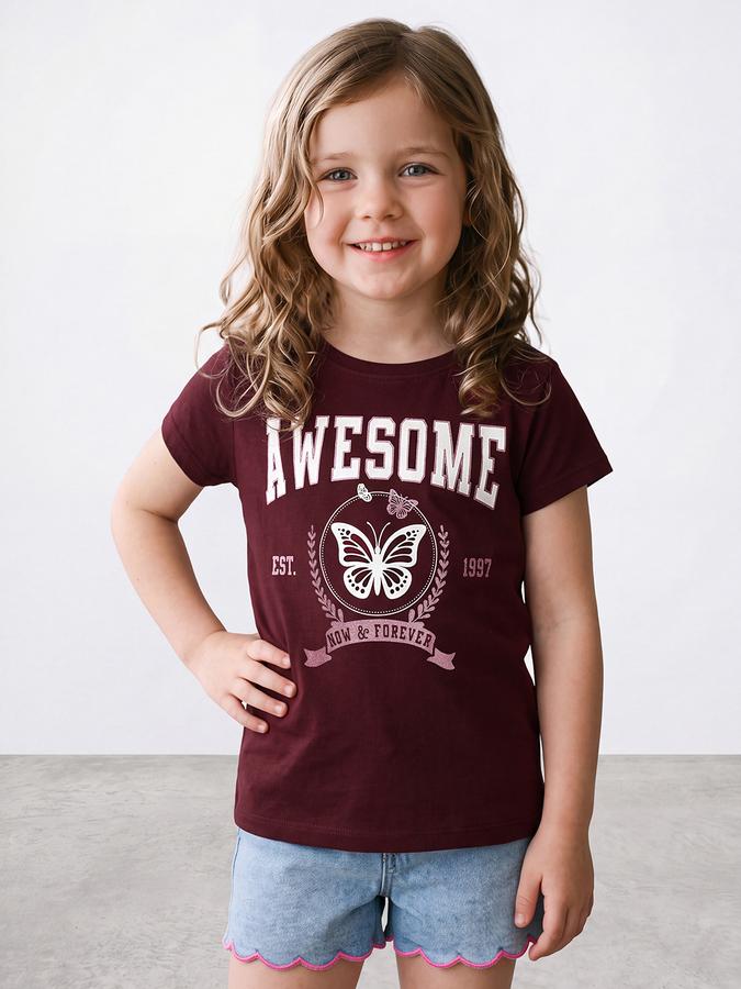 R&B Girls Red Graphic Print Short Sleeves Tshirt