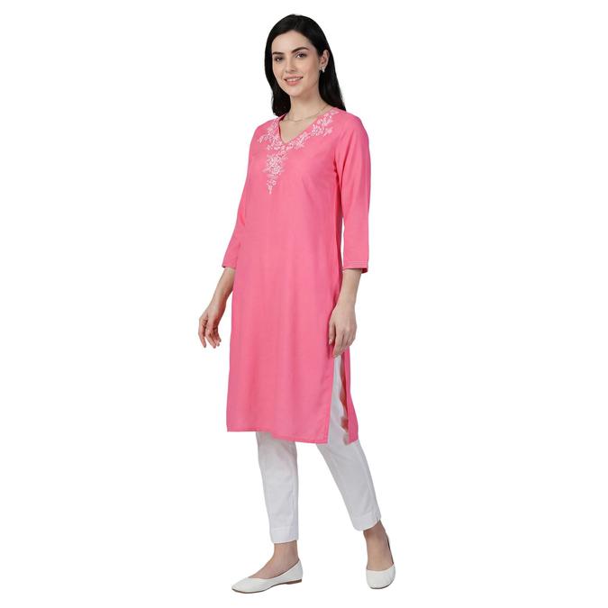 R&B Pink Women V-Neck Three-Quarter Sleeves Kurta 