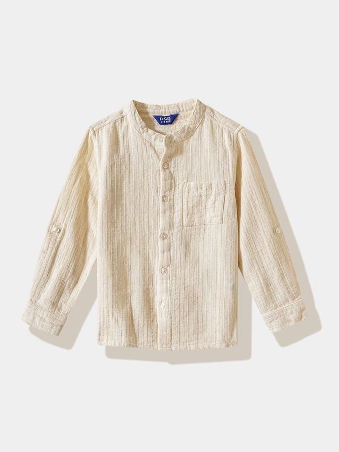 R&B Boys Ivory Textured Full Sleeves Mandarin Collar Shirt