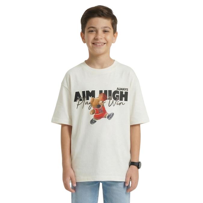 R&B Boy White Cotton Printed Round Neck T-Shirt