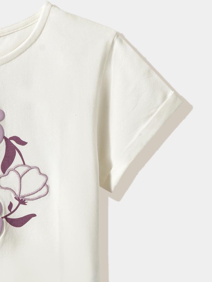 Girls Cotton Regular Fit Crew Neck Short Sleeve Appliqu&eacute; Top