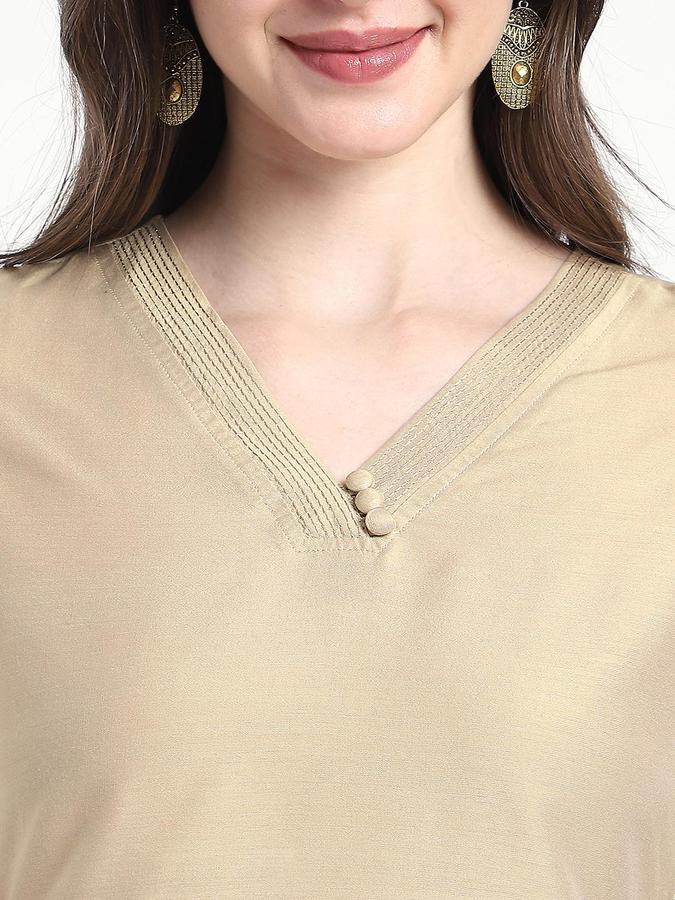 R&B Women Beige Solid V-Neck Knee Length Ethnic Kurta