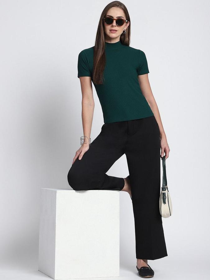 R&B Womens Dark Green Self Design High Neck Short Sleeves Top