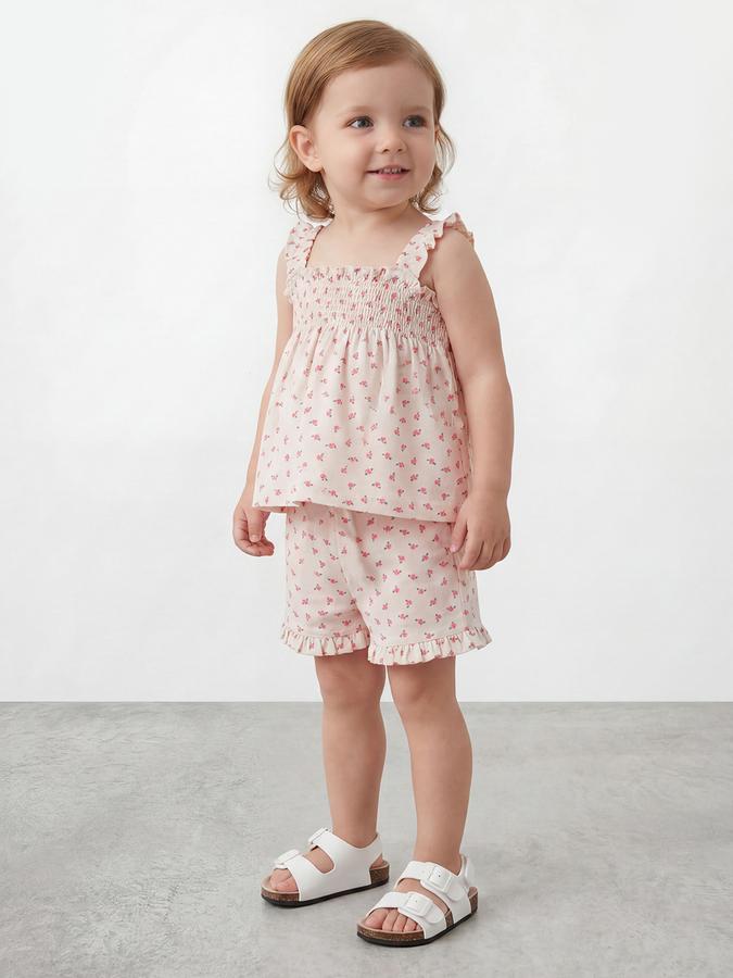 R&B Girls Beige Printed Pure Cotton Sleeveless Co-ord Set
