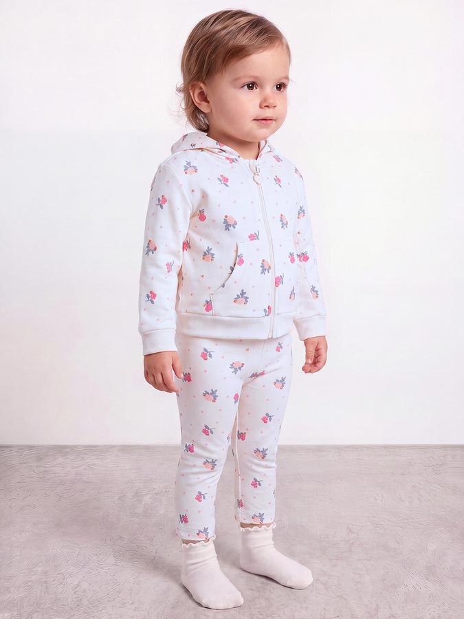 R&B Girls Cream All Over Floral Print Hooded Sweatshirt and Pant Night Suit