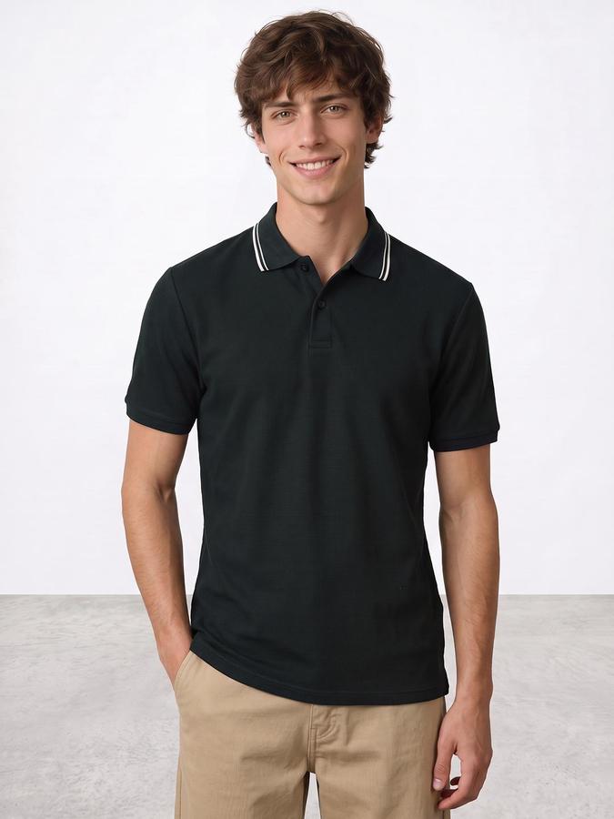 R&B Men Dark Green Textured Short Sleeves Polo Collar T-Shirt