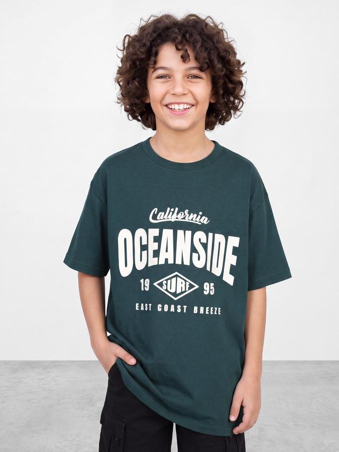 R&B Boys Green Graphic Print Short Sleeves Round Neck Pure Cotton T-Shirt