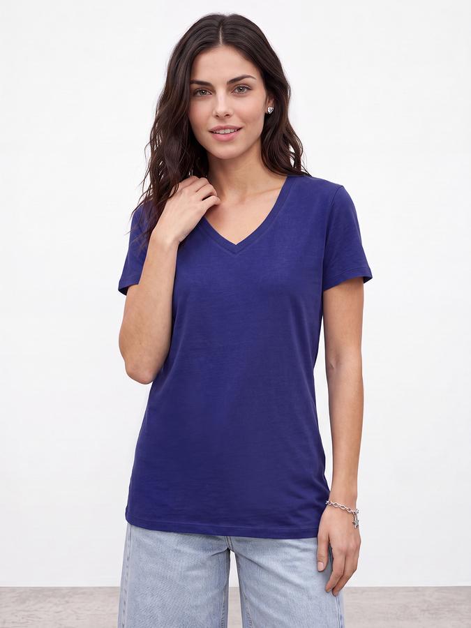 R&B Women Cobalt Blue Solid Short Sleeves V-Neck Tshirt