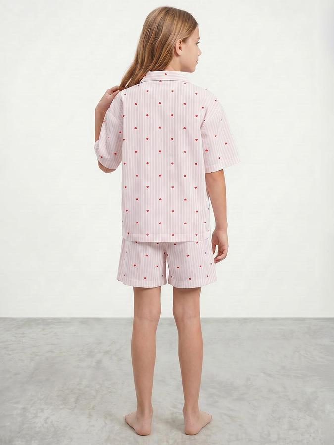 R&B Girls Pink Striped Shirt Collar Short Sleeves Pure Cotton Shirt &amp; Shorts Set