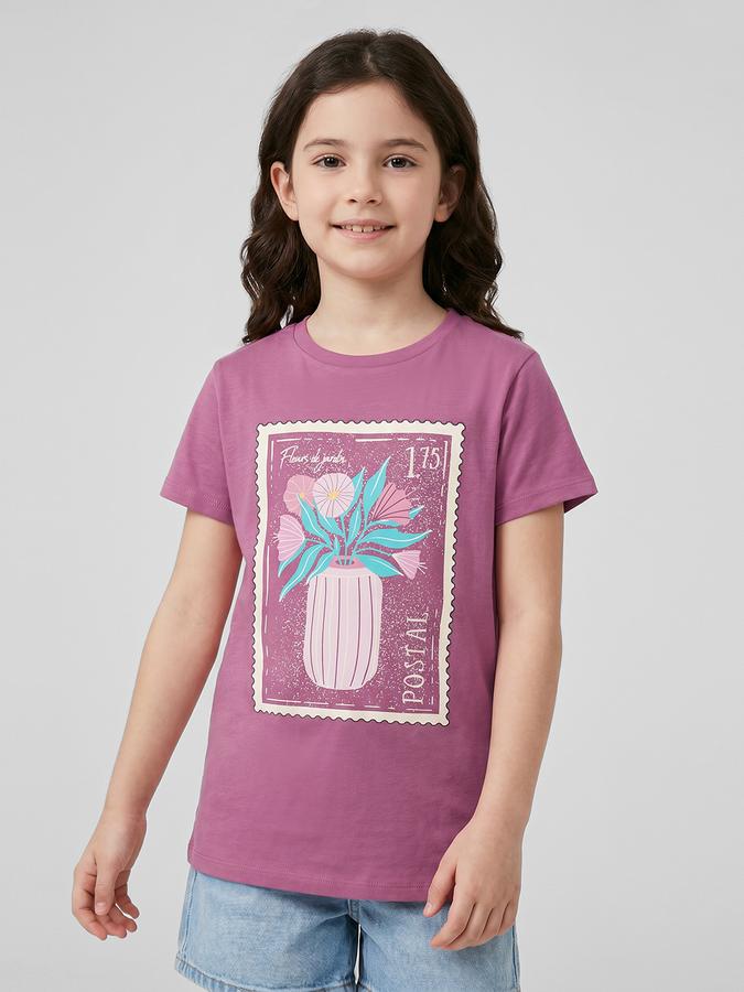 R&B Purple Graphic Print Girls Round Neck Regular Fit Short Sleeves T-Shirt 