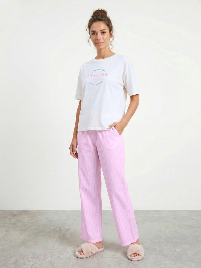 R&B Women's White & Pink Printed Pure Cotton T-Shirt & Pyjama Night Suit Set