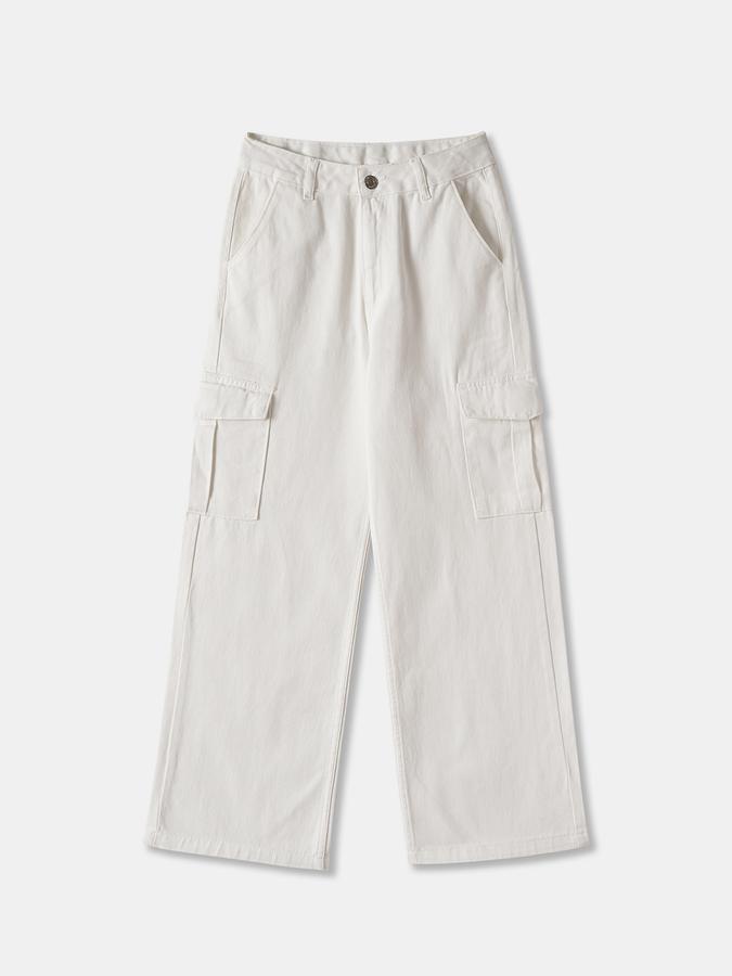 Solid Wide Leg Cargo Jeans with Button Closure