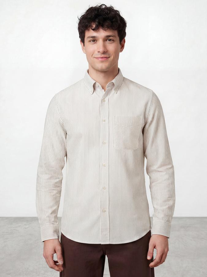 R&B Men Sand Striped Button-Down Full Sleeve Shirt