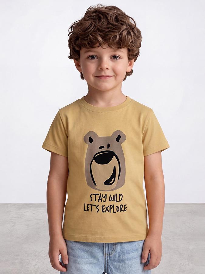 R&B Boys Mustard Short Sleeve Round Neck Cartoon Bear Graphic Print T-Shirt
