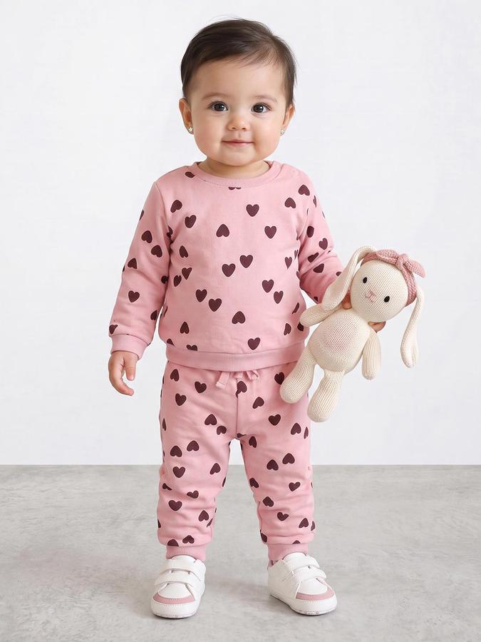 R&B Girls Peach All Over Heart Print Sweatshirt and Pant Night Suit