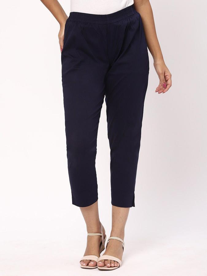 R&B Women Navy Blue Solid Regular Fit Pants